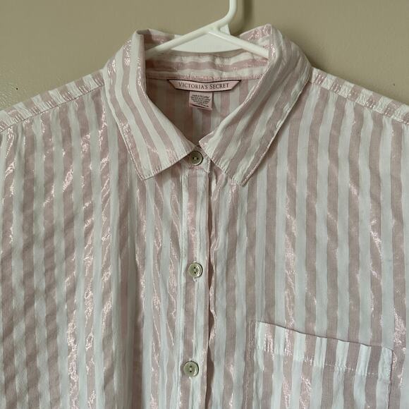 Victoria's Secret Sleep Shirt Womens SMALL Pink Metallic Striped Long Sleeve - Picture 2 of 12